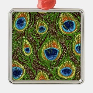Colourful Peacock Feathers Print Metal Tree Decoration