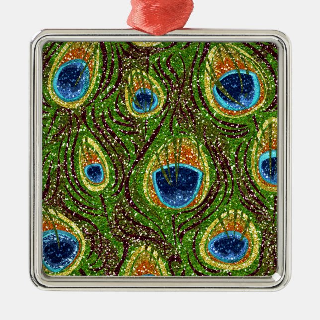 Colourful Peacock Feathers Print Metal Tree Decoration (Front)