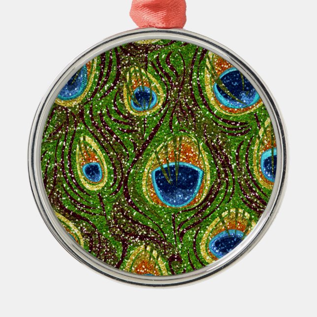 Colourful Peacock Feathers Print Metal Tree Decoration (Front)