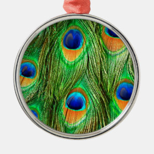 Colourful Peacock Feathers Print Metal Tree Decoration