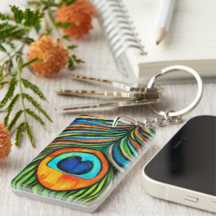 Colourful Peacock Firebird Feather Painting Key Ring