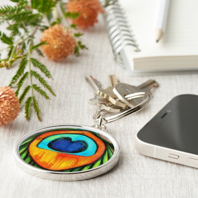 Colourful Peacock Firebird Feather Painting Key Ring (Side)