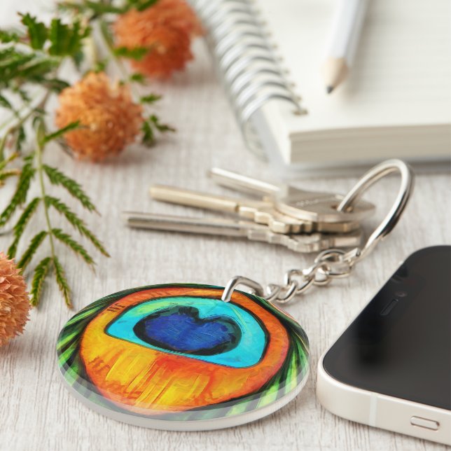 Colourful Peacock Firebird Feather Painting Key Ring (Front Right)