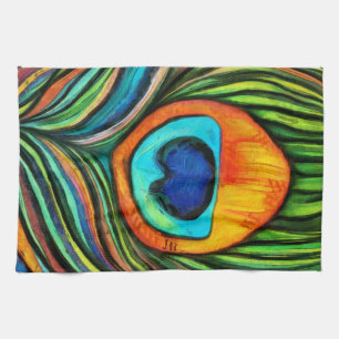 Colourful Peacock Firebird Feather Painting Tea Towel