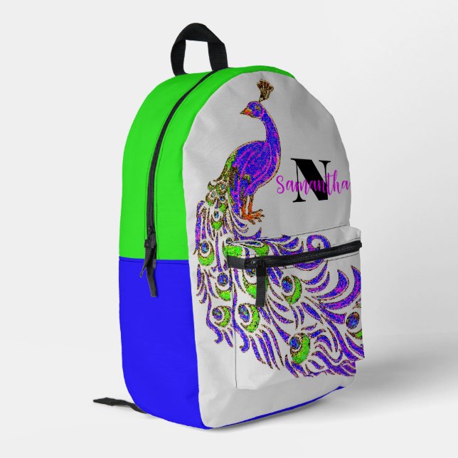 Colourful Peacock Graphic Personalised Backpack,  Printed Backpack (Back Corner Left)