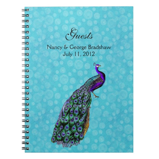 Colourful Peacock Wedding Guest Sign In Notebook (Front)