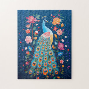 Colourful Peacock with Blue Green Orange Feathers Jigsaw Puzzle