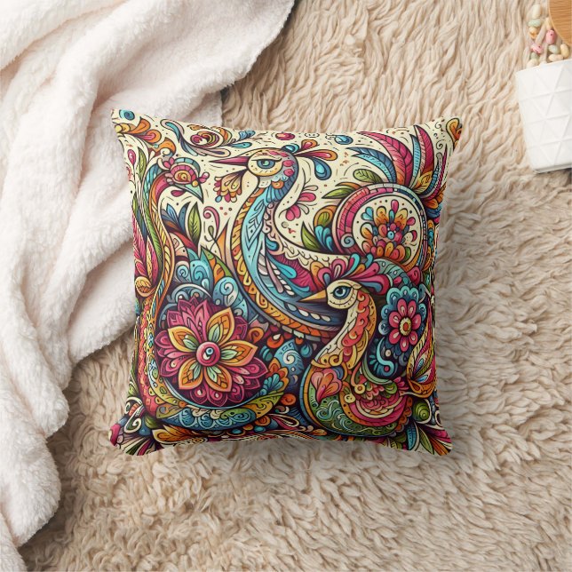 Colourful peacocks amidst floral splendour cushion (Blanket)