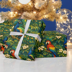 Colourful Peacocks and Parrots in tropical gold Wrapping Paper