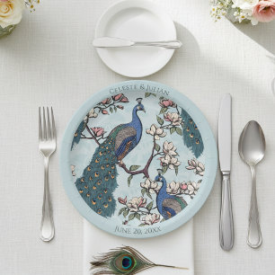 Colourful Peacocks Light Blue Paper Plate