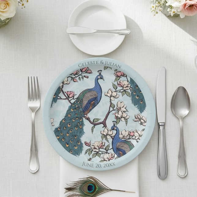Colourful Peacocks Light Blue Paper Plate (Colorful Floral Peacock Wedding Plates. Elegant Blue & Teal Peacock & Magnolia Flowers Blue Pattern)