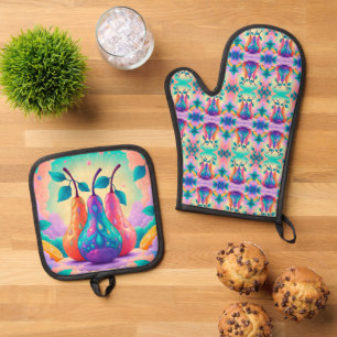 Colourful pear oven mitt & pot holder set