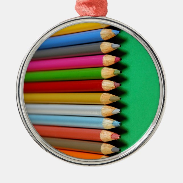 Colourful pencil crayons pattern metal tree decoration (Front)