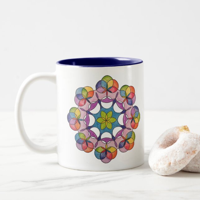 Colourful Pencil Drawn Geometric Mandala Spiritual Two-Tone Coffee Mug (With Donut)