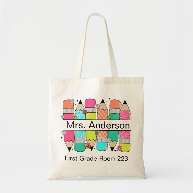 Colourful Pencil Teacher Name Classroom Tote Bag (Front)