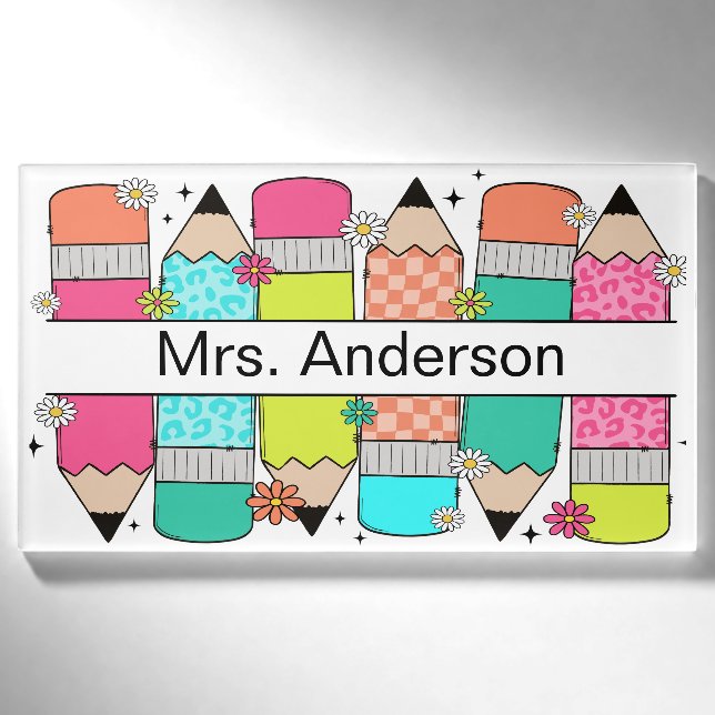 Colourful Pencil Teacher Name Magnetic Tag (Front)