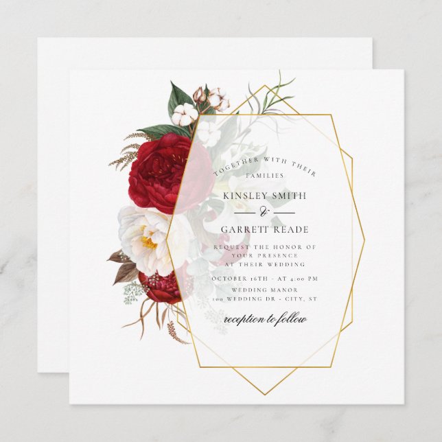 Colourful Peony Bouquet Gold Frame Wedding Invitation (Front/Back)