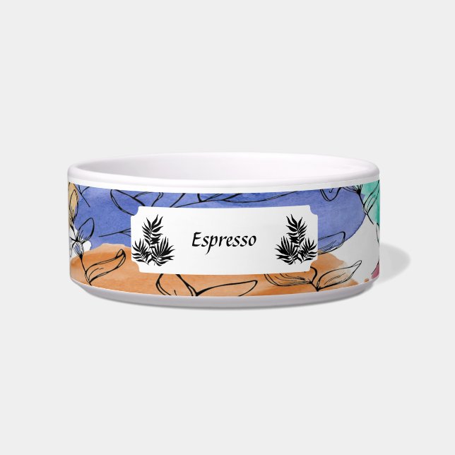 Colourful Personalised Pet Bowl with Leaves (Front)