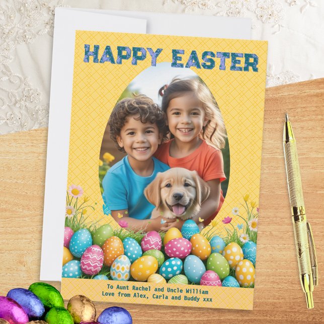 Colourful Personalised Photo Egg Frame Happy Easte Holiday Card (An Easter card with custom photo, with 'Happy Easter' words, personalized message and colorful eggs)