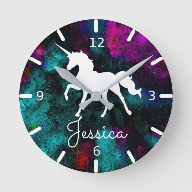Colourful Personalised Unicorn Round Clock (Front)