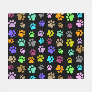 Colourful Pet Paw Pattern on Black Background  Fleece Blanket