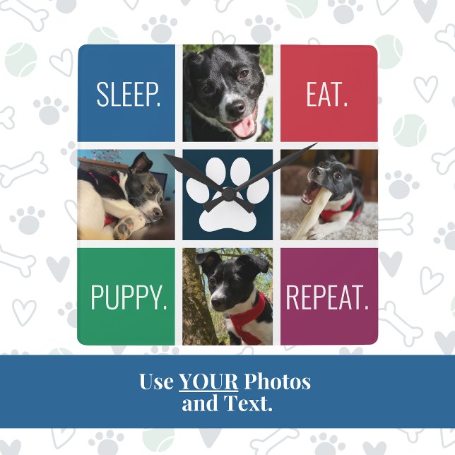 Colourful Pet Photo Animal Lover's Modern Geometri Square Wall Clock (This dog mom custom photo and text clock is a cute, practical and unique gift for Mother's Day!)