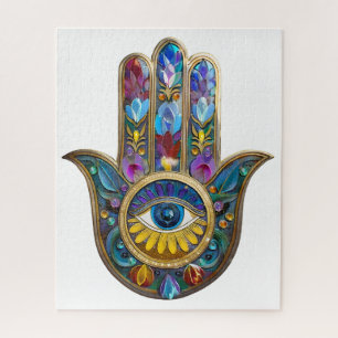 Colourful Petals Leaves Hamsa Sapphire Third Eye Jigsaw Puzzle