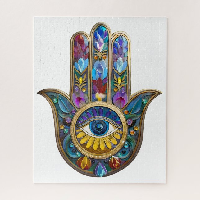 Colourful Petals Leaves Hamsa Sapphire Third Eye Jigsaw Puzzle (Vertical)