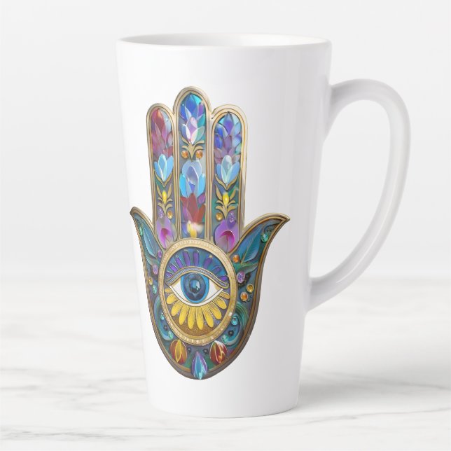 Colourful Petals Leaves Hamsa Sapphire Third Eye Latte Mug (Right)