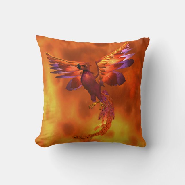 Colourful Phoenix Flying Against a Fiery Backgroun Cushion (Front)