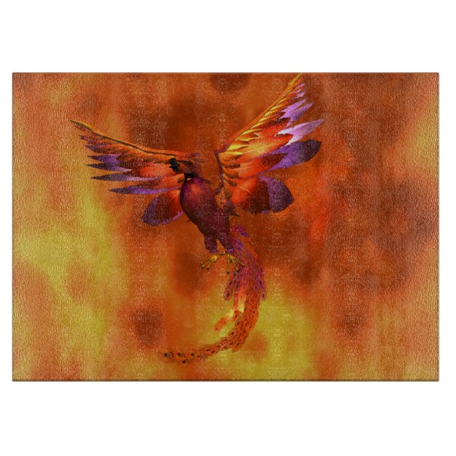 Colourful Phoenix Flying Against a Fiery Backgroun Cutting Board (Front)