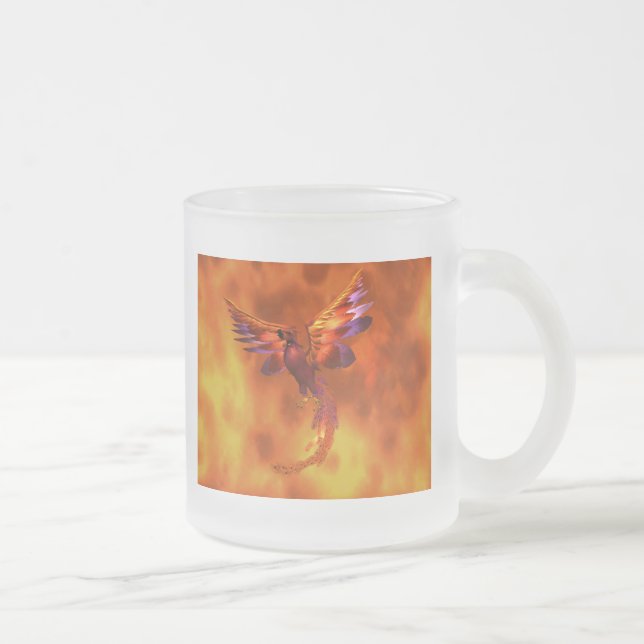 Colourful Phoenix Flying Against a Fiery Backgroun Frosted Glass Coffee Mug (Right)