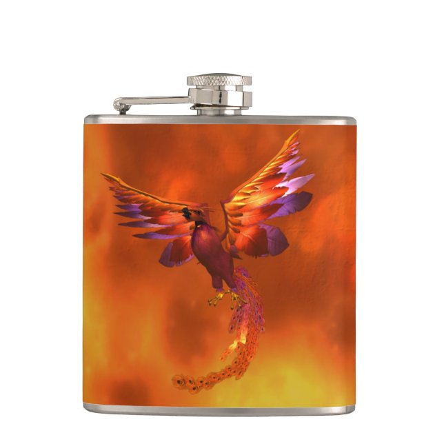 Colourful Phoenix Flying Against a Fiery Backgroun Hip Flask (Front)
