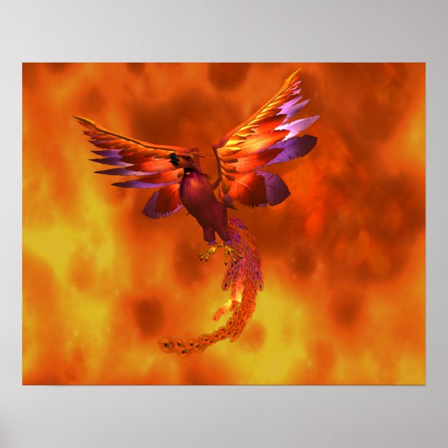 Colourful Phoenix Flying Against a Fiery Backgroun Poster (Front)