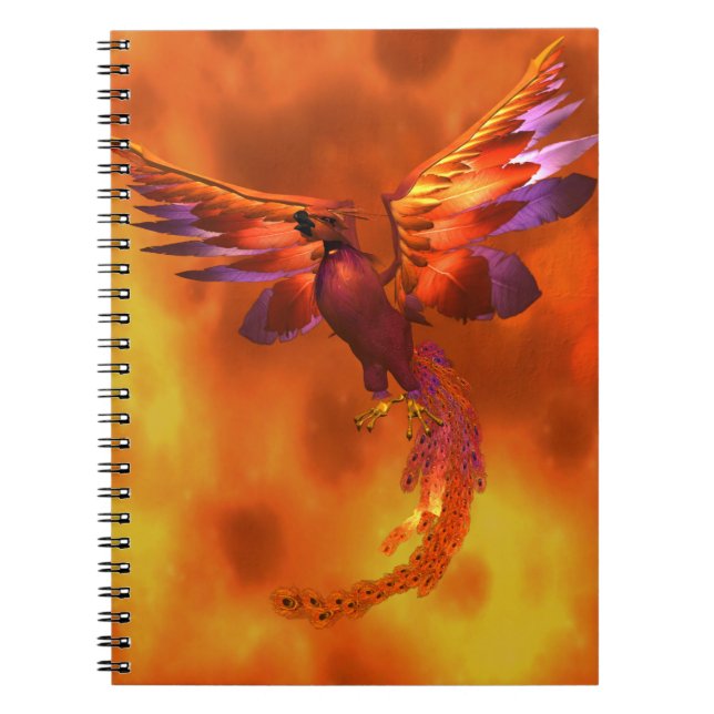 Colourful Phoenix Flying Against a Fiery Backgroun Spiral Notebook (Front)
