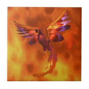 Colourful Phoenix Flying Against a Fiery Backgroun Tile