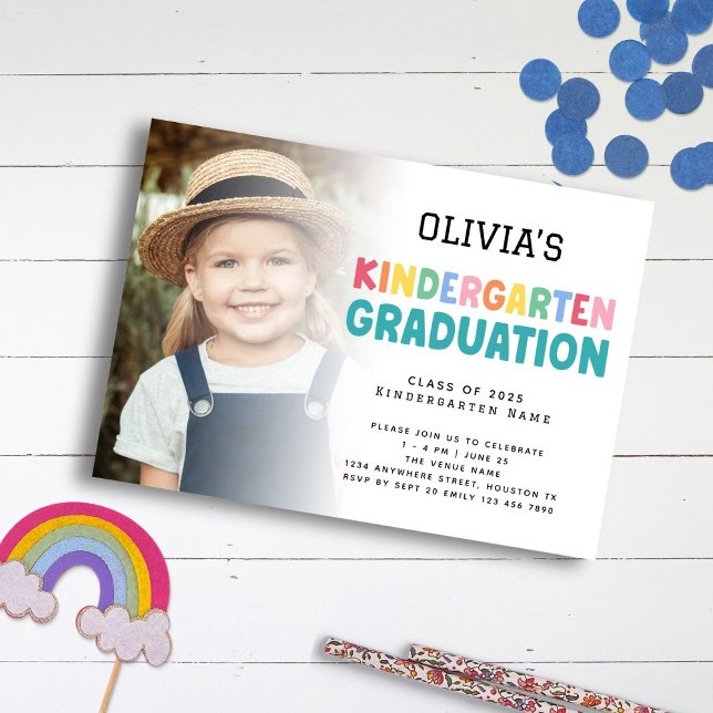 Colourful Photo Overlay Kindergarten Graduation  Invitation (front view)