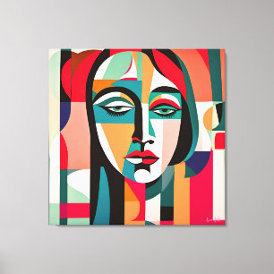 COLOURFUL PICASSO STYLE CUBIST PORTRAIT WOMAN CANVAS PRINT