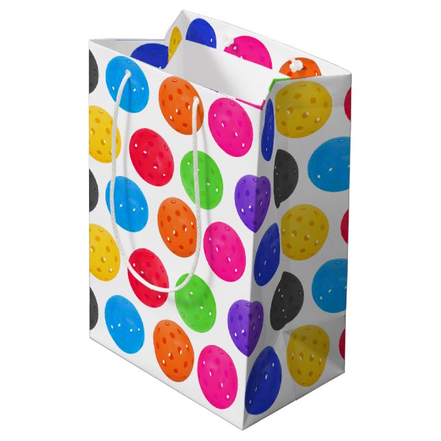 Colourful Pickleball on White Medium Gift Bag (Back Angled)