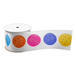 Colourful Pickleball on White Satin Ribbon