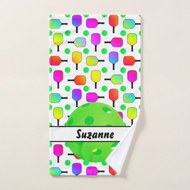 Colourful Pickleball Paddles Green Personalised Hand Towel (Hand Towel)
