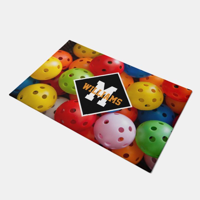  Colourful pickleballs, custom initial Doormat (Angled)