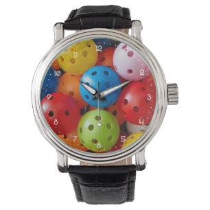 Colourful pickleballs, white digits watch