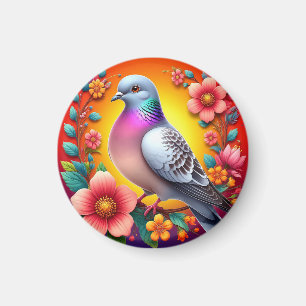 Colourful Pigeon Surrounded by Vibrant Flowers Magnet