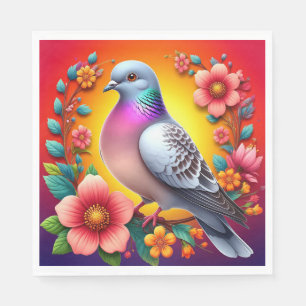 Colourful Pigeon Surrounded by Vibrant Flowers Napkin