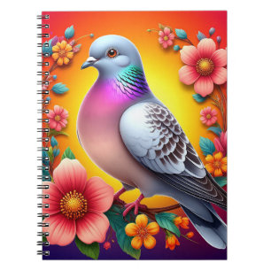 Colourful Pigeon Surrounded by Vibrant Flowers Notebook