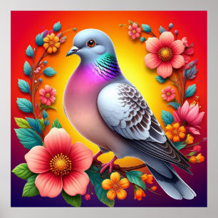 Colourful Pigeon Surrounded by Vibrant Flowers Poster
