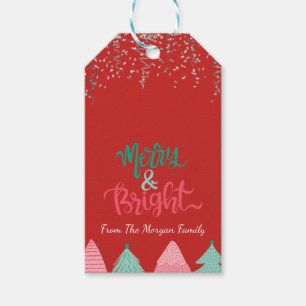 Colourful Pine Trees,Confetti, Red,Merry And Brigh Gift Tags