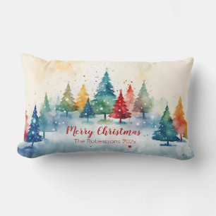 Colourful Pine Trees Merry Christmas Lumbar Cushion