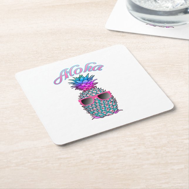 Colourful Pineapple Hawaiian Aloha Square Paper Coaster (Angled)